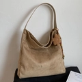 Brown suede tote bag with plush bear charm and colorful bead strap accessory - Khaki With Pendant