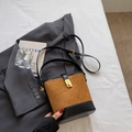 Brown suede bucket bag with black leather trim and quilted rhombus pattern detail - Brown No Pendant