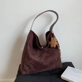 Retro coffee suede Hobo shoulder bag with plush star charm and premium leather strap - Coffee with Pendant