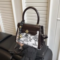 Contrast color crossbody bag in brown leather and white canvas with landscape print - Brown