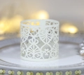 Detailed laser-cut ivory white paper napkin ring with heart scroll pattern for weddings - Ivory