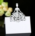 Laser cut white wedding place card featuring elegant female silhouette and rose lace design - White