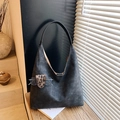 Dark grey hobo tote bag in distressed matte leather with a leopard print eyewear clip - Black with Pendant