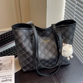 Large plaid tote bag in black and grey with dual handles and a cute plush monster charm - Black with Pendant