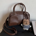 Dark brown leather Boston bag with a mini pouch and teddy bear charm for women - Coffee (With Pendant)