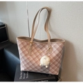 Pink and white checkered tote bag with leather straps and a cute plush toy charm - Khaki With Pendant
