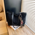 Black large capacity tote bag in matte leather with floral bear charm and shoulder straps - With Pendant / Black