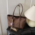 Vintage brown suede tote bag with leather trim and purple sequin bear charm detail - With Pendant / Brown