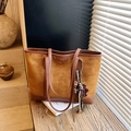 Vintage camel suede and brown leather tote bag with a fashion logo and bear charm - With Pendant / Brown