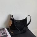 Retro black faux suede half-moon shoulder bag with golden zipper and plush pendant - Black