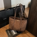 Dark coffee suede and leather tote bag variant with golden embossed fashion logo - No Pendant / Brown