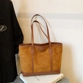 Vintage brown suede patchwork tote bag with fashion leather handles and gold print - No Pendant / Brown