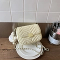 Creamy yellow quilted square bag with biscuit buckle and silver chain strap - With Pendant / Yellow