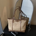 Khaki suede and brown leather tote bag with minimalist logo on an aesthetic table setting - No Pendant / Khaki