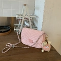 Pink chevron quilted shoulder bag with gold chain strap and cute plush monster charm - With Pendant / Pink
