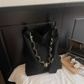 Large black frosted hobo bag with bold gold chain strap and matching small pouch - Black