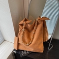Caramel faux suede tote bag with golden chain strap and matching small zipper pouch - Brown