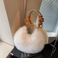 Chic white faux fur shoulder bag with unique orange beaded wooden handle for autumn - Off-white