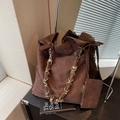 Large dark brown suede tote bag with chain strap and matching small zipper pouch - Coffee