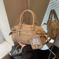 Vintage apricot bowling handbag with adjustable shoulder strap and cute card charm - Khaki