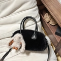 Fuzzy black plush handbag with cute bunny charm and adjustable faux leather strap - Black (With Pendant)