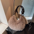 Chic faux fur shoulder bag in khaki featuring a unique dark wooden bead handle - Coffee