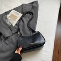 Retro black leather crescent bag with gold logo lettering and double slim shoulder straps - Black (Without Charm)