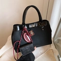 Matte retro black tote bag with red charms and silver metal lock for women - Black with Pendant