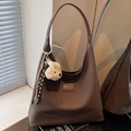 Large dark brown canvas shoulder bag with plush bear charm and brand leather patch - Coffee with Pendant