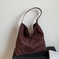 Dark coffee suede hobo shoulder bag with leather strap and elegant metal logo plaque - No Pendant / Coffee