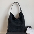 Large black suede tote bag with leather strap and minimalist metal logo detail - No Pendant / Black
