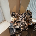 Classic leopard print tote bag with plush toast pendant and adjustable shoulder strap - Black with Pendant