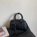 Classic black leather Boston bag with silver hardware, top handles and shoulder strap - No Pendant / Black