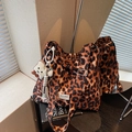 Chic leopard print canvas crossbody bag with adjustable strap and plush pendant - Brown with Pendant