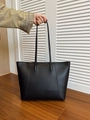 Large black tote bag in smooth leather with vertical stitching and long shoulder straps - Black