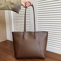 Large dark brown minimalist tote bag in PU leather with decorative vertical stitching - Brown