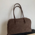 Large dark brown suede tote bag with long shoulder straps and metallic zipper closure - Brown
