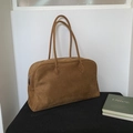Caramel brown suede shoulder bag with spacious tote design and silver zipper detail - Brown