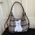 Brown and purple plaid tote bag with cute dog patch and adjustable leather straps - Brown