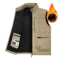 Chaleco outdoor caqui para hombre con cuello alto, multibolsillos y forro polar cálido - M / Caqui