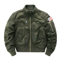 Olive green tactical military bomber jacket with multiple pockets and American flag patch - S / Army Green