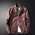 Mens slim fit dark burgundy motorcycle faux leather jacket with stand collar and zipper pockets - 4XL / Burgundy