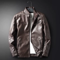 Men's slim fit brown faux leather biker jacket with stand collar and quilted shoulders - 4XL / Coffee