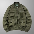 Giacca bomber militare verde oliva con tasche multiple, tessuto antivento e polsini a coste - M / Verde Militare