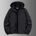 Men's black windproof hooded outdoor jacket with full zipper and elastic cuffs - M / Black