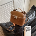 Mini borsa a tracolla vintage marrone bicolore con texture in pelle e camoscio - Cachi