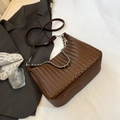 Dark brown woven leather hobo shoulder bag with silver chain and large capacity - Large / Brown