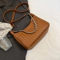 Brown woven leather shoulder bag with silver chain and adjustable strap in crescent shape - Large / Brown