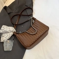 Dark brown woven leather crossbody bag with adjustable strap and silver chain link - Small / Brown