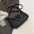 Elegant black woven leather shoulder bag with silver chain and adjustable strap for women - Small / Black